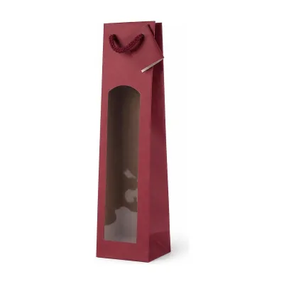 Busta portabottiglie in carta kraft bordeaux con finestra e manici in cotone 9+8,5x37 cm Decoration Group