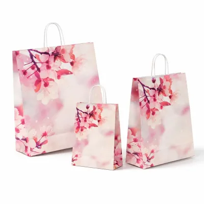 Shopper regalo in carta Fiori di Ciliegio con maniglie ritorte bianche, varie misure Carpad