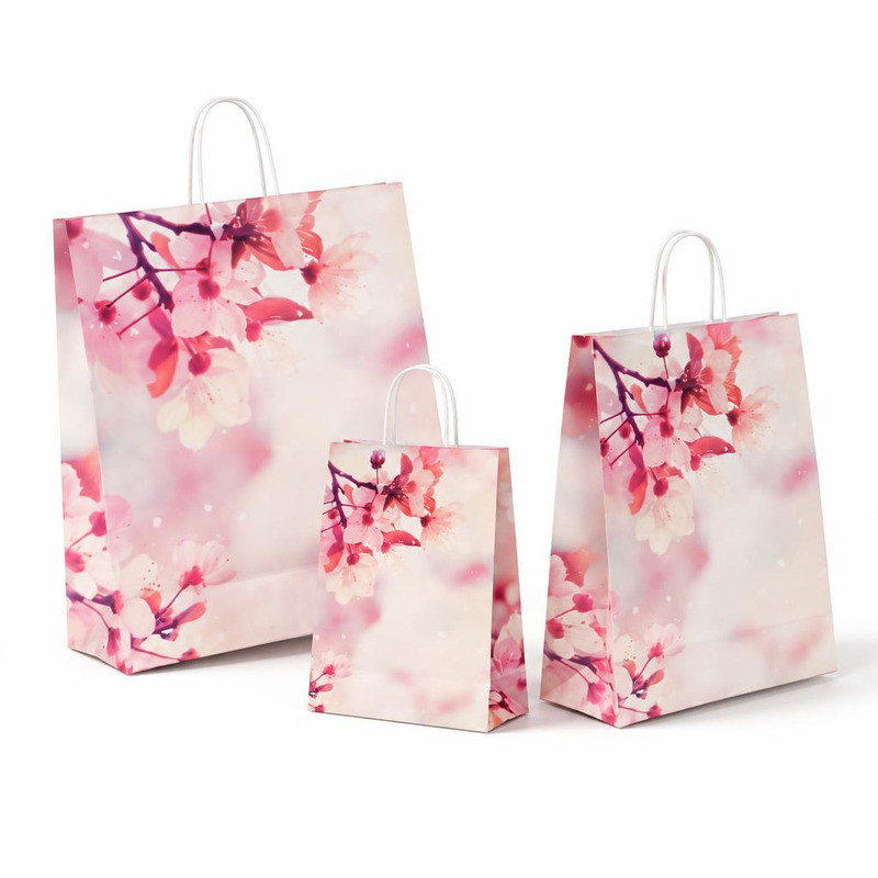 Shopper regalo in carta Fiori di Ciliegio con maniglie ritorte bianche, varie misure Carpad