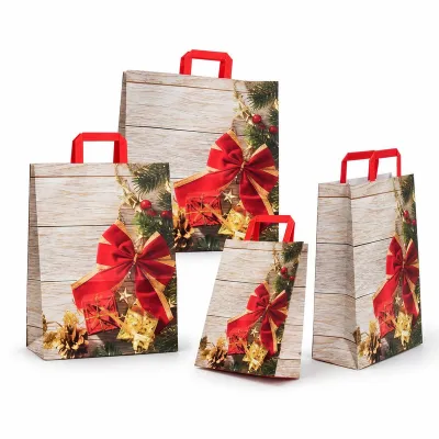 Shopper regalo in carta Merry Christmas con maniglie piatte rosse, varie misure Carpad
