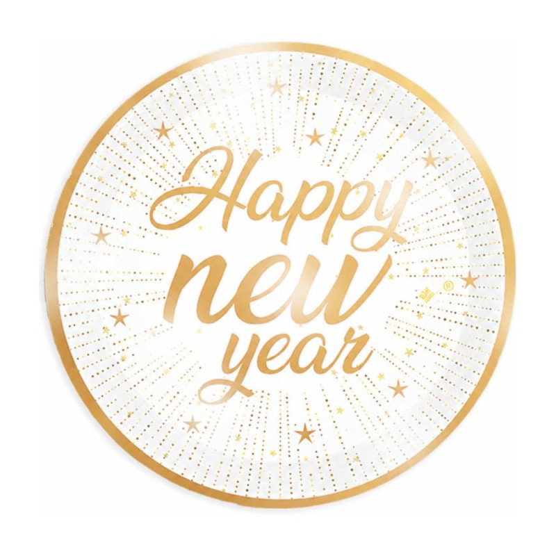 Piatti di carta Capodanno Happy New Year Gold Ø 18 cm bianchi e oro, confezione da 6 Big Party