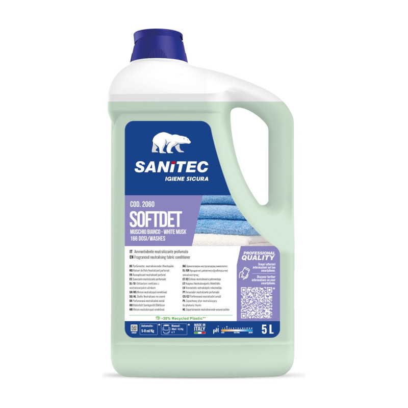 Ammorbidente concentrato per lavatrice Sanitec Softdet profumo muschio bianco tanica 5 L