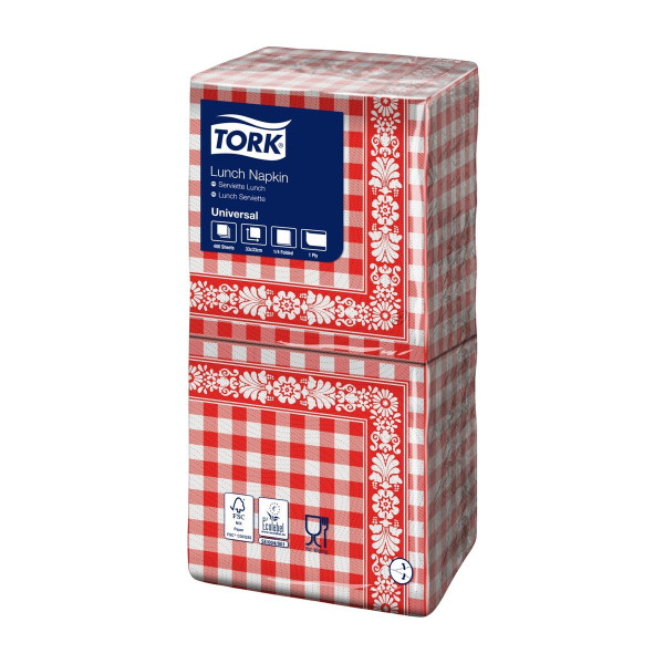 Tovaglioli di carta a quadretti rosso e bianchi monovelo Tork Lunch 33x33 cm - 400 pz