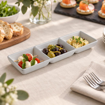 Vaschetta a 3 scomparti in melamina bianco Acquamarina 22x7x2,5 cm per aperitivi Leone