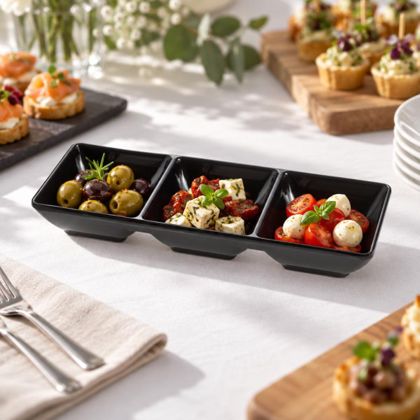 Vaschetta a 3 scomparti in melamina nero Acquamarina 20x7,5x2,5 cm per aperitivi Leone