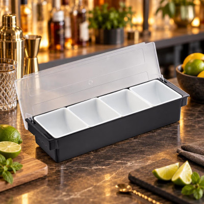 Portacondimenti da bar a 4 scomparti con coperchio 4 x 60 cl 50x15,5x9 cm Leone