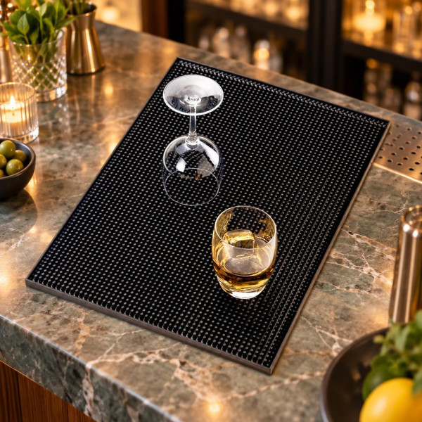 Tappeto poggiabicchieri in gomma nero 30x40 cm per bancone bar Leone