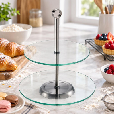 Alzata per dolci a 2 piani in acciaio inox e vetro Ø 26 cm h 30 cm Leone