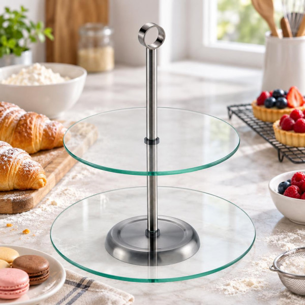 Alzata per dolci a 2 piani in acciaio inox e vetro Ø 26 cm h 30 cm Leone