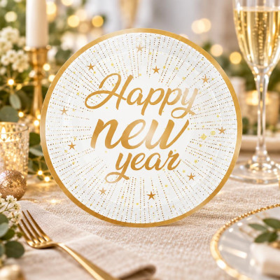 Piatti di carta Capodanno Happy New Year Gold Ø 18 cm bianchi e oro, confezione da 6 Big Party