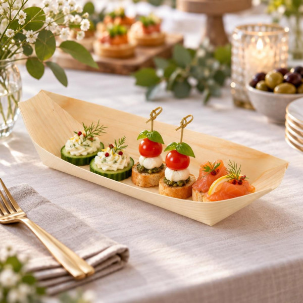 Piroga in legno di pino maxi 22,5x8,5x2 cm per finger food e sushi, confezione da 50 Leone