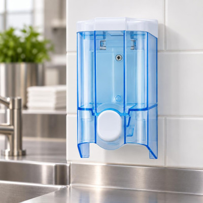 Dispenser per sapone liquido a rabbocco Medial Wave 2 da 0,5 L trasparente blu con pulsante