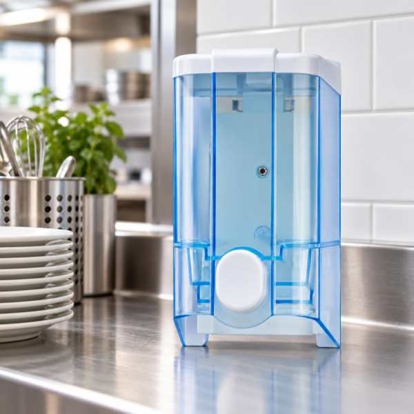 Dispenser per sapone liquido a rabbocco Medial Wave 2 da 1 L trasparente blu con pulsante
