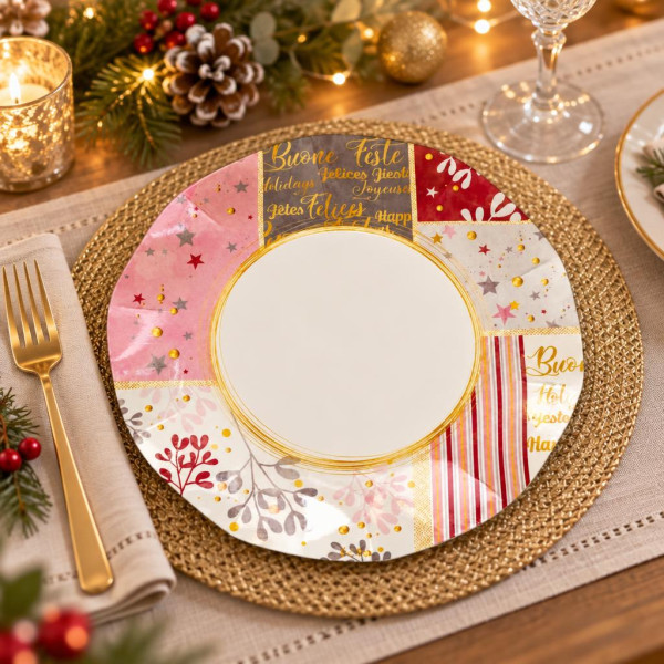 Piatti di carta natalizi Rose Gold Christmas 27 cm - 8 pz