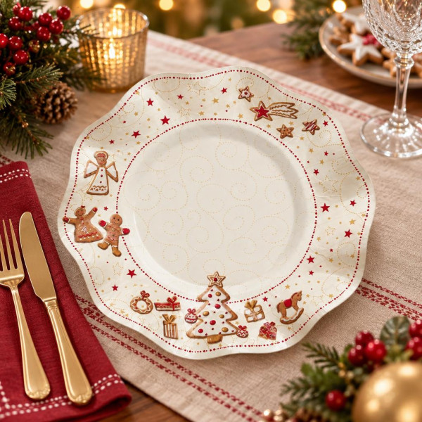 Piatti fondi di carta natalizi Gingerbread 24 cm - 8 pz