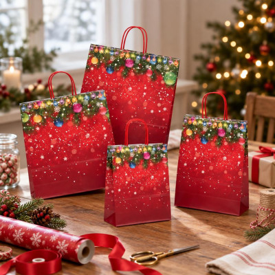 Shopper regalo in carta Decorations con maniglie ritorte rosse, varie misure Carpad