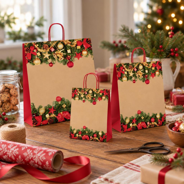Shopper regalo natalizia Cortina avana con ghirlande e maniglie ritorte rosse 32+13x41 cm Carpad