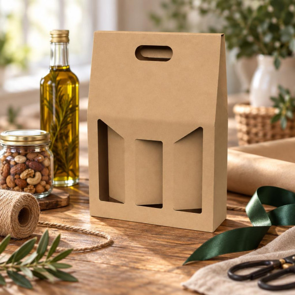 Scatola porta bottiglie in cartoncino 3 posti liscio avana con finestra FAG