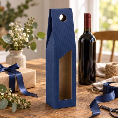 Scatola porta bottiglie in cartoncino 1 posto cannetè blu con finestra FAG