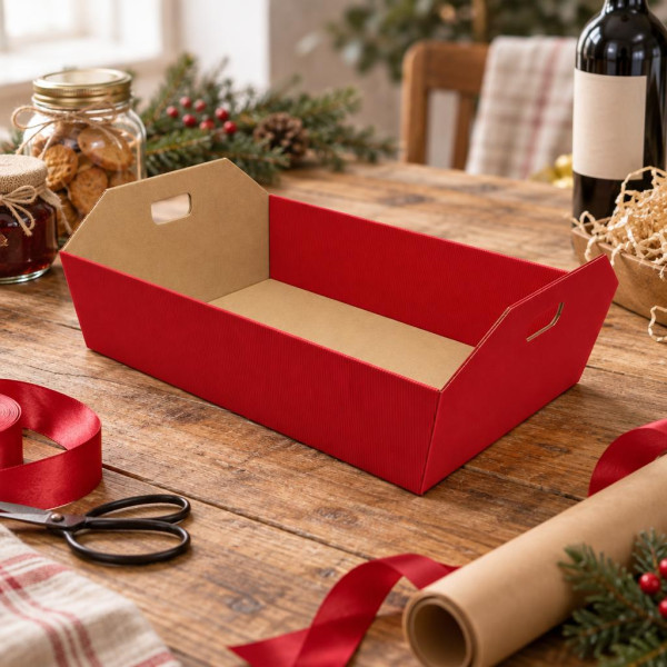 Vassoio cesto per confezioni regalo grande in cartone cannetè rosso con maniglie 43x32x12 cm portata 12 kg FAG