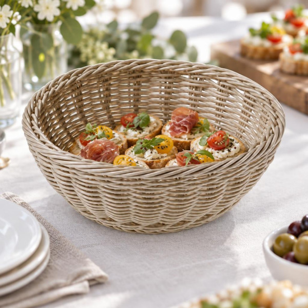 Cestino per pane tondo Vogue in polipropilene effetto vimini tortora Ø 20 cm lavabile Leone