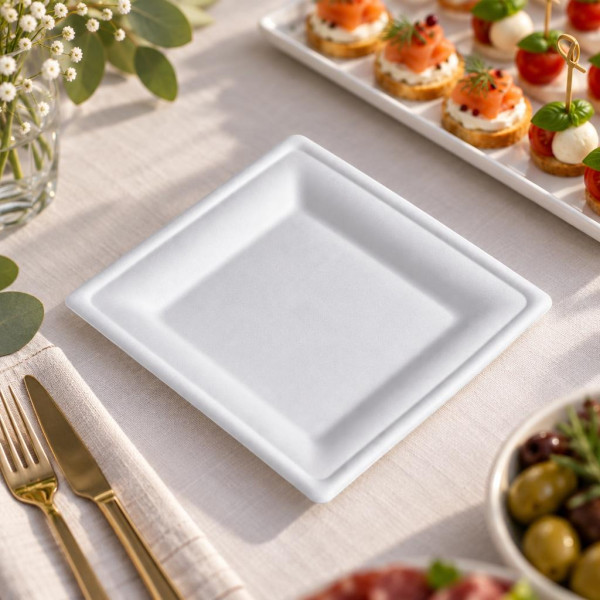Vassoi quadrati compostabili in polpa di cellulosa 15x15 cm bianchi per finger food e catering Usobio - 50 pz