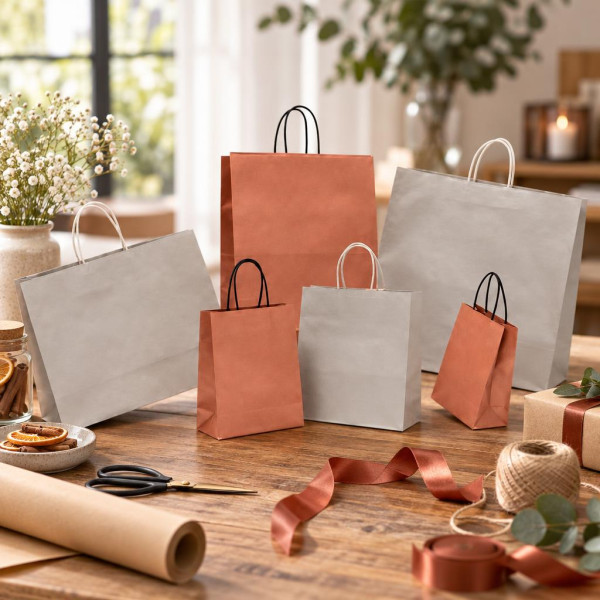 Shopper regalo in carta Bronzo e Platino J-fold con maniglie ritorte in cotone, varie misure Carpad