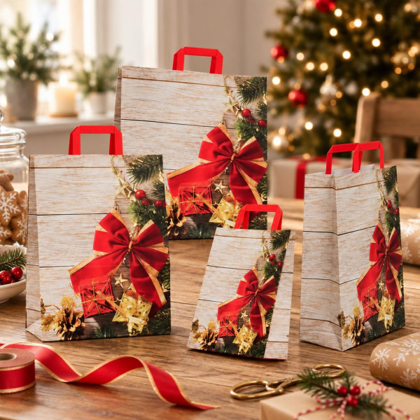 Shopper regalo in carta Merry Christmas con maniglie piatte rosse, varie misure Carpad