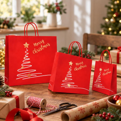 Shopper regalo in carta Xmas Tree J-fold con maniglie ritorte in cotone rosso, varie misure Carpad