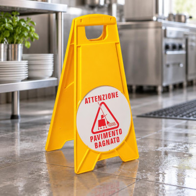 Cartello pavimento bagnato giallo con 2 dischi segnaletici VDM