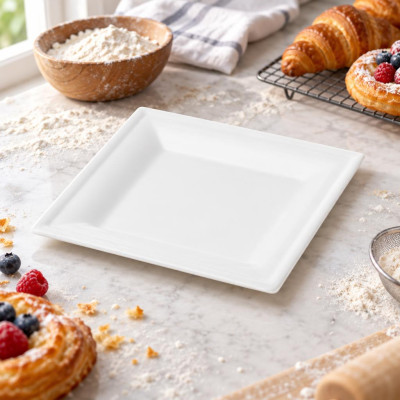 Piatti quadrati compostabili in polpa di cellulosa bianchi 16x16 cm 190 ml per dolci e antipasti Brenta - 50 pz