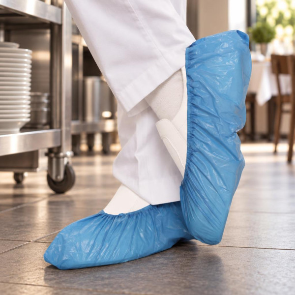Copriscarpe monouso impermeabili in CPE blu con fondo goffrato 41x15 cm Walking Easy - 100 pz