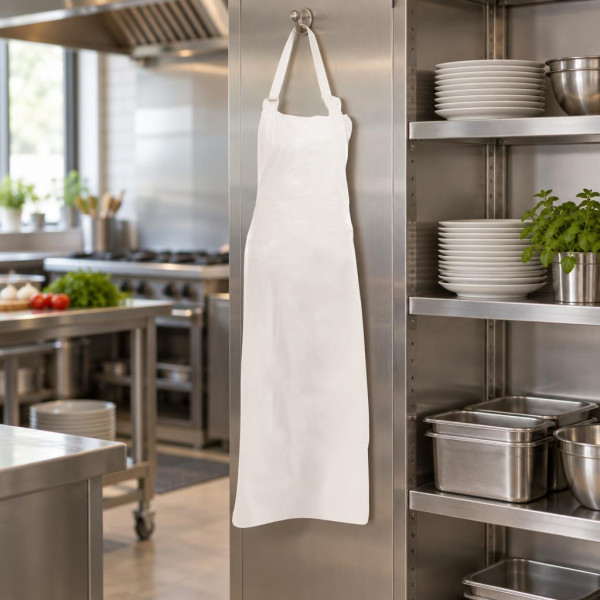 Grembiuli monouso in polietilene bianco extra lunghi impermeabili con pettorina 140x70 cm Defender 20 Walking - 50 pz