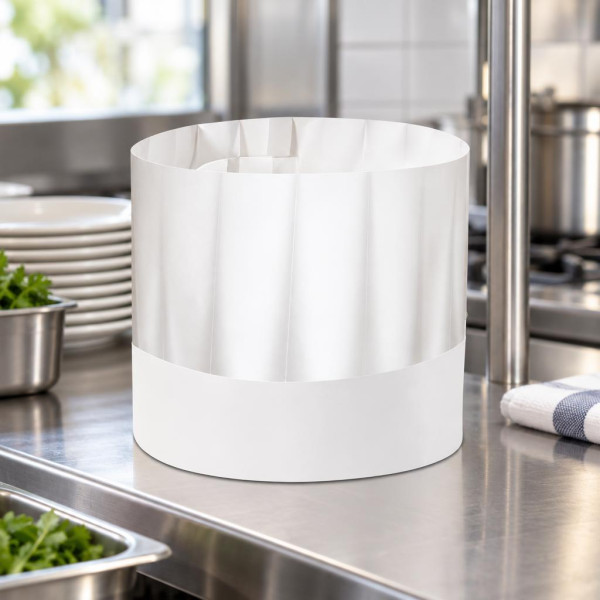 Cappelli da cuoco monouso aperti in carta bianca Europa alti 21 cm regolabili Crown Chef - 20 pz