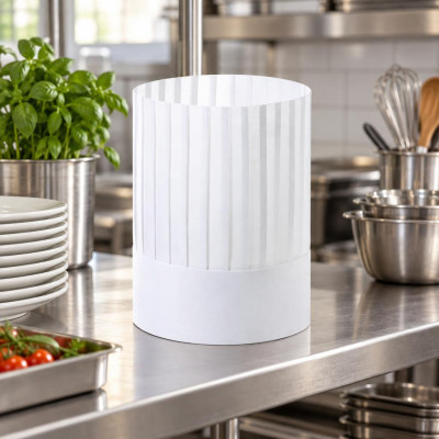 Cappelli da cuoco Monsieur Chef in TNT bianco plissettato aperti alti 25 cm regolabili Crown Chef - 20 pz