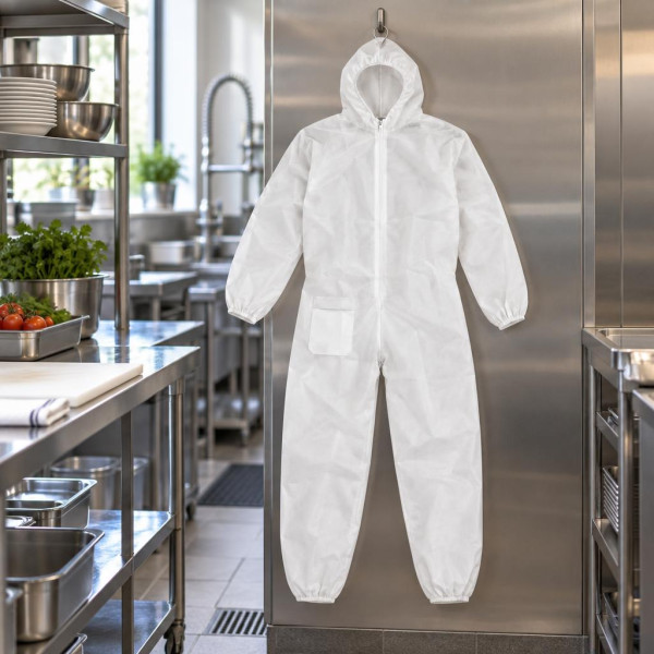 Tuta monouso in TNT bianca con cappuccio e cerniera per pulizie, verniciatura e laboratori Walking