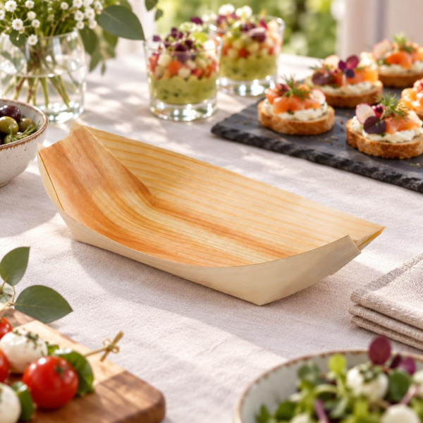 Piroghe in legno di pioppo medio-grandi 17,5x8,5x2 cm per finger food Leone - 50 pz
