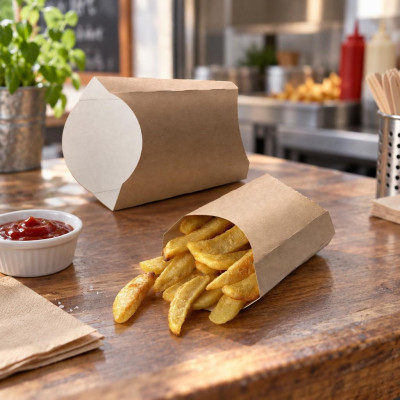 Box per fritti e patatine in cartoncino kraft avana e bianco 10,5x10,5x5,5 cm Leone - 100 pz