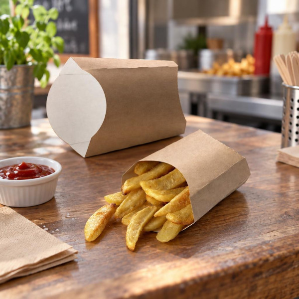 Box per fritti e patatine in cartoncino kraft avana e bianco 10,5x10,5x5,5 cm Leone - 100 pz