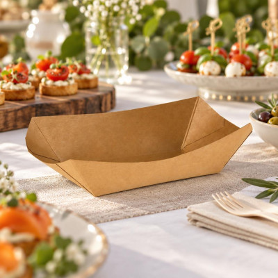 Vaschette per fritti a barchetta in cartoncino kraft avana 100 ml 11,1x7,5 cm Leone - 125 pz
