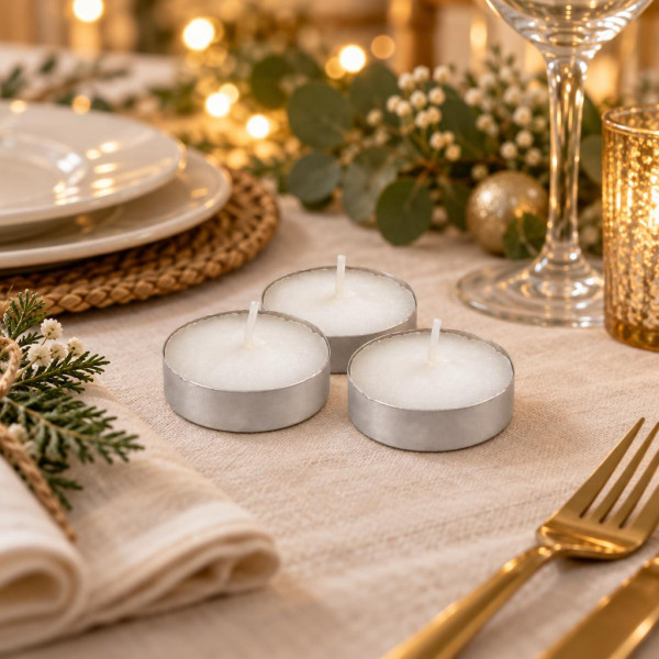 Candele tealight scaldavivande bianche in coppetta di alluminio Ø 3,5 cm durata 4 ore Leone - 100 pz