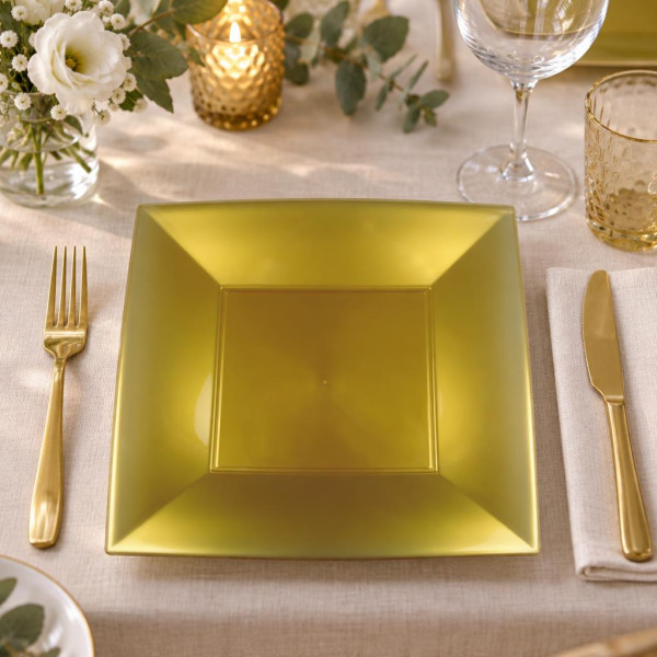 Piatti piani quadrati riutilizzabili in polipropilene oro 29 cm - 12 pz