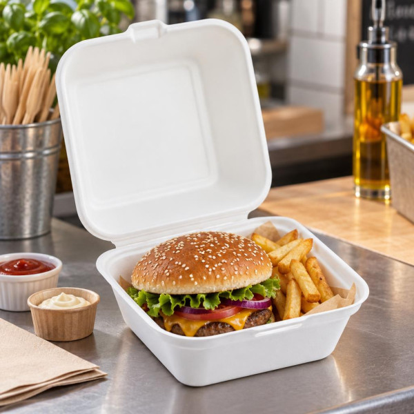 Box per hamburger compostabili in polpa di cellulosa con coperchio 15x15x8 cm 450 + 450 ml Brenta - 50 pz