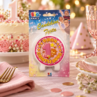Candelina primo compleanno orsetto rosa Ø 7,5 cm