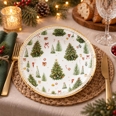 Piatti fondi di carta natalizi Christmas Forest 24 cm - 8 pz
