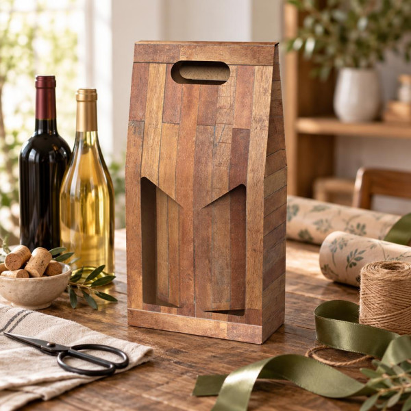 Scatola porta bottiglie in cartoncino 2 posti liscio linea Teak