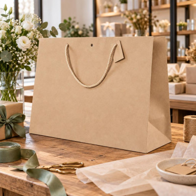 Shopper lusso orizzontale in carta kraft avana con manici in cotone e fondo rigido 39+15x29 cm Decoration Group