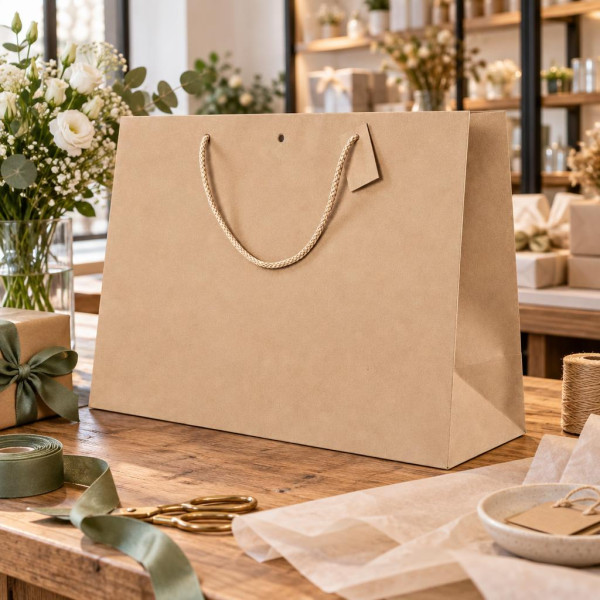 Shopper lusso orizzontale in carta kraft avana con manici in cotone e fondo rigido 39+15x29 cm Decoration Group