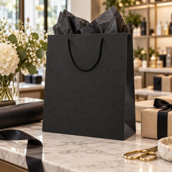 Shopper lusso verticale in carta nera con manici in cotone e fondo rigido 22+10x30 cm Decoration Group