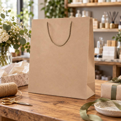 Shopper lusso verticale in carta kraft avana con manici in cotone e fondo rigido 26+12x36 cm Decoration Group